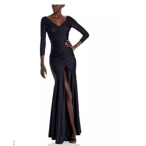Chiara Boni La Petite Robe Ruched Front Slit Mermaid Gown Black 50 US 12